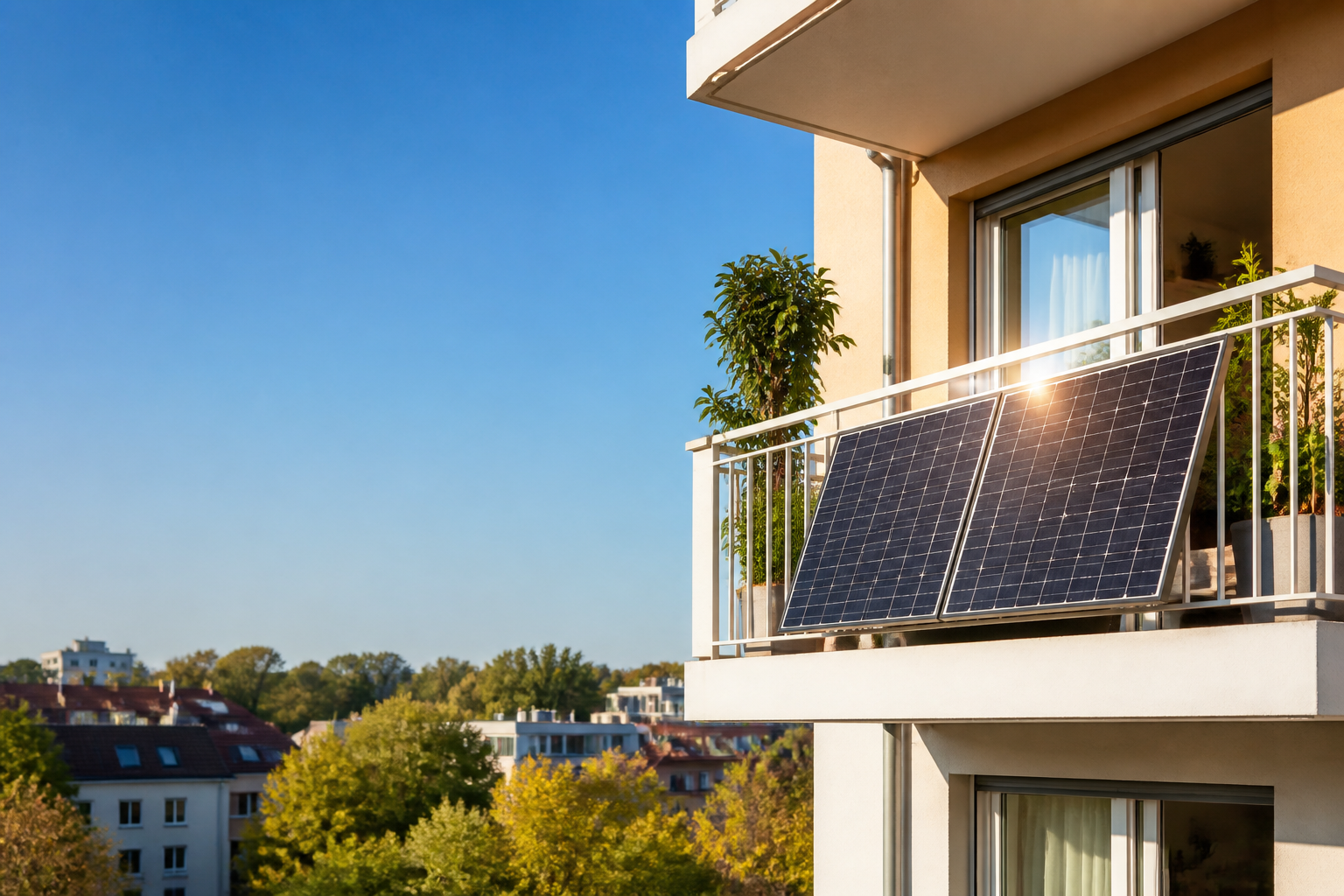 Balkon mit Solarmodulen im Sonnenlicht